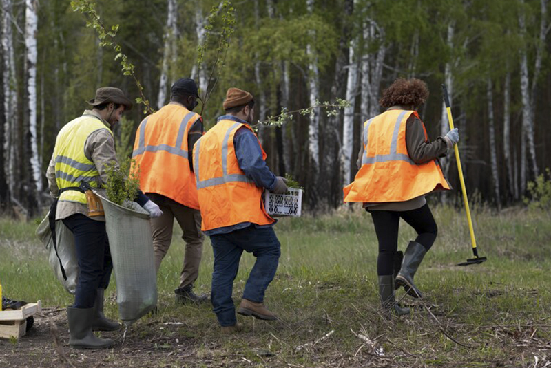 personas limpiando un área verde 